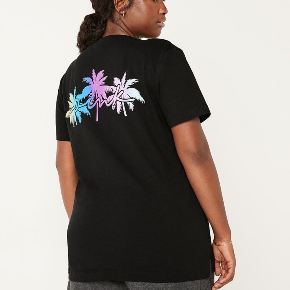 VS VICTORIAS SECRET PINK CAMPUS SHORT SLEEVE TEE TOP PURE BLACK PALM SHINE XS - Picture 3 of 8